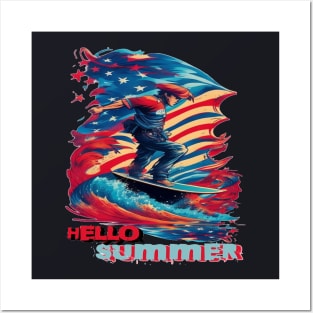 Hello Summer Funny Surfer Riding Surf Surfing Lover Gifts Posters and Art